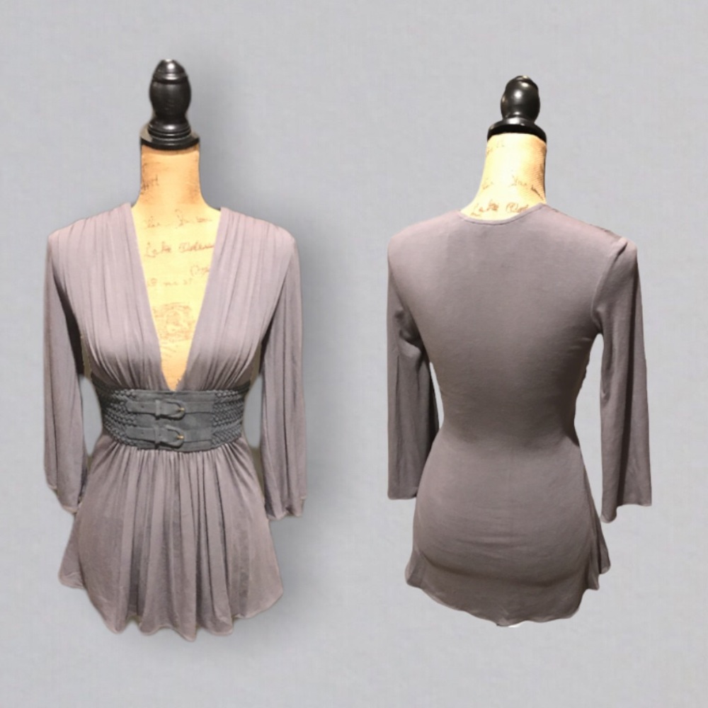 Sky Gray Plunge Neck Blouse